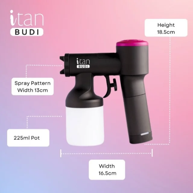 🔥The iTan Budi is a lightweight, compact spray tanning system that provides a professional spray tan in any location.⁠
⁠
🔥TAKE IT ANYWHERE⁠ - TRAVEL CASE INCLUDED⁠ 
Its compact size and lightweight construction make it suitable for individuals who require a portable Spray Tanning System.⁠
⁠
🔥BATTERY POWERED⁠
The battery powered ultra fine mist spray tan system ensures a consistent air flow and provides adjustable speed settings. Get a flawless tan in minutes with the iTan Budi cordless tanning system.⁠
⁠
Spray pattern: Width 13cm⁠
Height: 18.5cm⁠
Width: 16.5cm⁠
Pot: 225ml⁠
Battery time: 25 minutes⁠
Battery recharge time: 90 minutes⁠

On special this month, Add to cart now 🛒